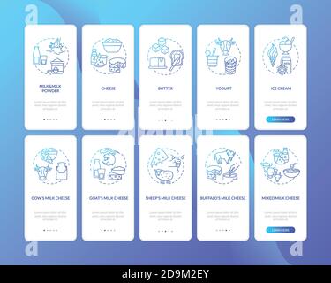 Ecran de la page d'application mobile d'intégration de gradient bleu de l'industrie laitière avec ensemble de concepts Illustration de Vecteur