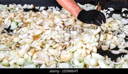 le chef mélange les oignons dans une poêle Banque D'Images