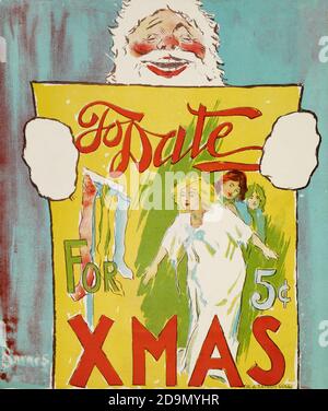 Vieille illustration de carte de chrismas dans un style vintage avec un Père Noël tenant une affiche. Banque D'Images