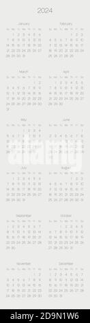 Calendrier mensuel de l'année 2024. La semaine commence le dimanche. Bloc de mois en deux colonnes et disposition verticale de six rangées. Design simple et minimaliste. Illustration vectorielle. Illustration de Vecteur