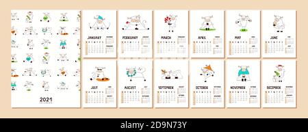 Calendrier ou planificateur format A4 pour 2021 avec kawaii White ox, taureau, vache. Symbole du nouvel an. Couverture et 12 pages mensuelles avec de mignons illustrations vectorielles Illustration de Vecteur