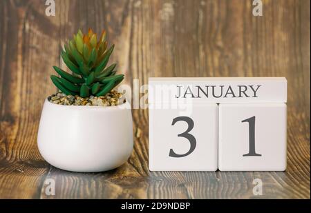 Pot de fleurs et calendrier pour la saison des neiges à partir du 31 janvier. Hiver. Banque D'Images