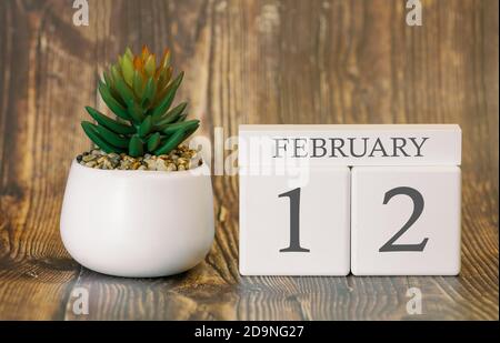 Pot de fleurs et calendrier pour la saison des neiges à partir du 12 février. Hiver. Banque D'Images