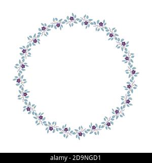 Couronne florale, branches avec feuilles de sarcelle et fleurs violettes sur blanc. Illustration vectorielle, design pour affiche, bannière, invitation, livre, tissu de mode, emballage, emballage. Illustration de Vecteur