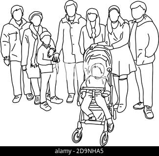 groupe de grande famille avec enfant dans l'illustration de vecteur de pram dessinez à la main le boutre avec des lignes noires isolées sur du blanc arrière-plan Illustration de Vecteur