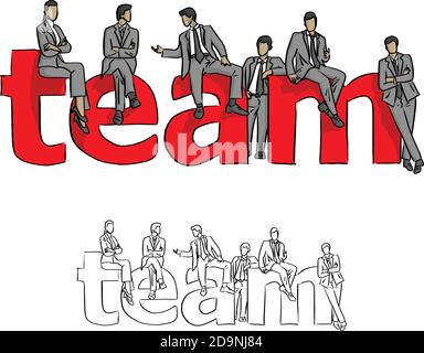 Les gens d'affaires avec le grand mot rouge ÉQUIPE vecteur illustration esquisse dooodle main dessiné avec des lignes noires isolées sur fond blanc. Concept de travail d'équipe. Illustration de Vecteur
