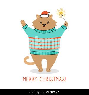 Carte de vœux de Noël, chandail pour chat. Chaton du nouvel an en chapeau de Père Noël. Personnage dessiné à la main drôle gribouillages dessin animé chat. Bonne année, Joyeux Noël. Vecteur animal sur fond blanc Illustration de Vecteur