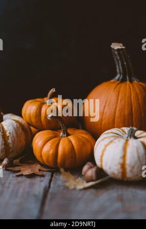 Durée de vie des citrouilles orange et blanche sur table rustique en bois. Banque D'Images