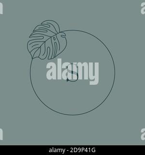 Monstera feuille Monogram conception dans le style simple linéaire minimal. Couronne de fleurs exotiques Vector avec feuilles tropicales pour la beauté, salon DE SPA, Studio créatif Illustration de Vecteur