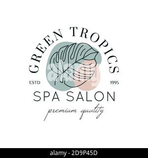 Modèle de conception de logo de feuille de Monstera dans un style simple linéaire minimal. Emblème tropical exotique vectoriel avec feuilles et formes abstraites pour Beauty Studio, SP Illustration de Vecteur