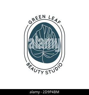 Modèle de conception de logo de feuille de Monstera dans un style simple linéaire minimal. Emblème tropical exotique vectoriel avec feuilles et formes abstraites pour Beauty Studio, SP Illustration de Vecteur