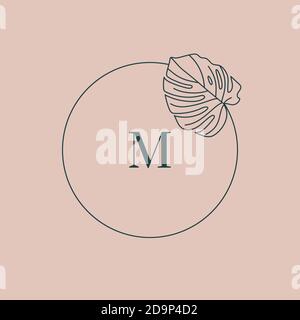 Monstera feuille Monogram conception dans le style simple linéaire minimal. Couronne de fleurs exotiques Vector avec feuilles tropicales et la lettre M pour la beauté, SPA, Illustration de Vecteur