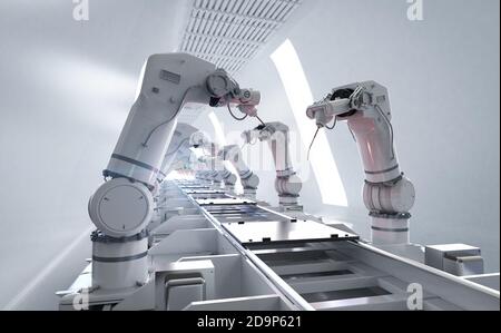 Concept de l'industrie de l'automatisation avec chaîne d'assemblage de robot de rendu 3d en usine Banque D'Images