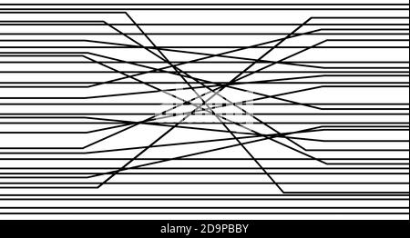 Lignes noires droites et enchevêtrées. Lignes horizontales intermélangées. Motif chaotique. Traînées complexes noires sur fond blanc. Répétition de filetage complexe. Banque D'Images