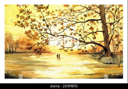 Peinture aquarelle sur le thème de l'automne. Un arbre d'avion avec des feuilles jaunes, un chemin sous la lumière du soleil jaune et deux personnes marchant vers le coucher du soleil. Banque D'Images