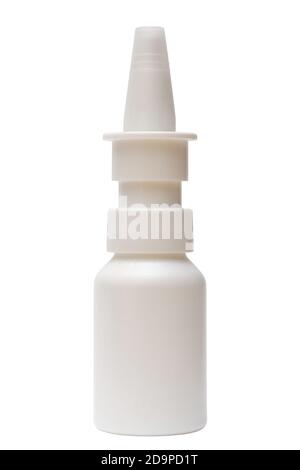 Réservoir de pulvérisation nasal en plastique blanc non imprimé, vierge, isolé sur fond blanc. Banque D'Images