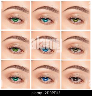 Gros plan, collage des yeux de différentes couleurs, teinte verte, grise et bleue sur les lentilles de contact de couleur sur l'œil humain Banque D'Images