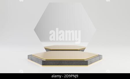 Socle en granit noir hexagonal avec dessus doré et miroir isolé sur fond blanc. concept d'arrière-plan abstrait minimaliste rendu 3d pour le positionnement des produits. Banque D'Images