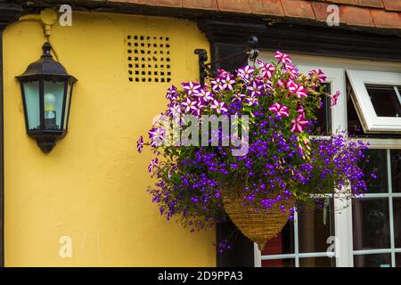Fleurs joliment agencées dans un pot accroché à un bel anglais Façade de maison,Sellinge,Kent,Royaume-Uni Banque D'Images