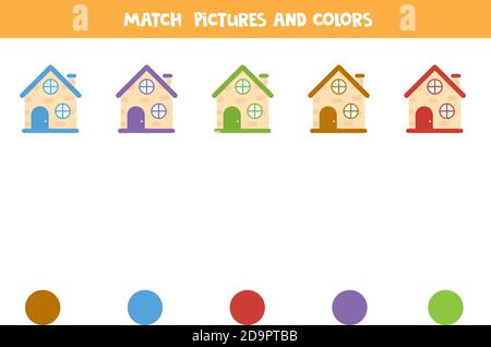 Jeu de couleurs assorties avec maisons de dessins animés. Feuille de travail pour enfants. Illustration de Vecteur