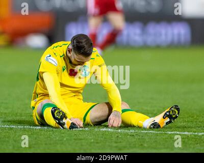 Aberdeen, Écosse, Royaume-Uni. 6 novembre 2020 dejection pour Martin Boyle de Hibernian pendant le montage Aberdeen / Hibernian Scottish Premiership à Pit Banque D'Images