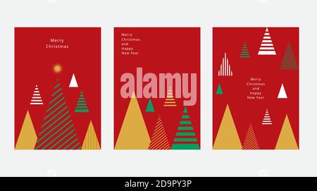 Ensemble d'affiches concept de Joyeux Noël et de joyeux nouvel an. Créez des modèles sur fond rouge avec différents arbres de noël pour la fête et Illustration de Vecteur