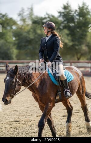 femme à cheval, selle anglaise, dans l'arène entourée de chênes Banque D'Images