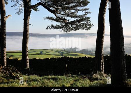 La vue nord-est sur la vallée de Teesdale remplie de nuages depuis le Tumulus de Kirkcarrion, Lunedale, Teesdale, comté de Durham, Royaume-Uni Banque D'Images