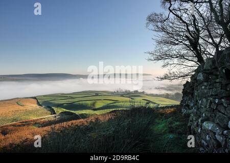 La vue nord-est sur la vallée de Teesdale remplie de nuages depuis le Tumulus de Kirkcarrion, Lunedale, Teesdale, comté de Durham, Royaume-Uni Banque D'Images