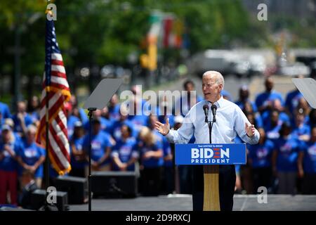 New York, États-Unis. Joe Biden devrait être le gagnant des élections de 2020. 7 novembre 2020. La photo du fichier prise le 18 mai 2019 montre l'ancien vice-président américain Joe Biden qui a pris la parole au cours d'un rallye de campagne à Philadelphie, aux États-Unis. Joe Biden devrait être le gagnant de l'élection de 2020, selon plusieurs médias américains le 7 novembre 2020. Credit: Liu Jie/Xinhua/Alay Live News Banque D'Images