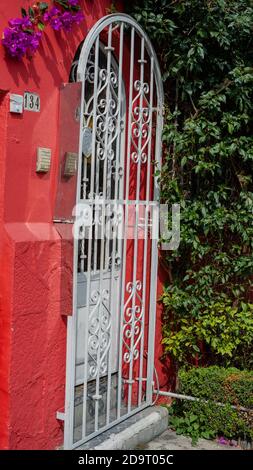 Porte en treillis d'une Maison Rouge dans le quartier de Coyoacan Banque D'Images