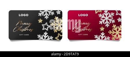 Ensemble de cartes de vœux pour Noël et le nouvel an avec illustration brillante des flocons de neige et des étoiles en or et en argent graphique stylisé Illustration de Vecteur