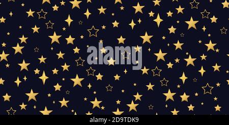 Motif sans couture étoiles dorées en 3D. Fond doré éclatant avec poussière d'étoile isolée sur fond noir. Motif sans couture de l'automne de l'étoile au hasard. Luxe Illustration de Vecteur