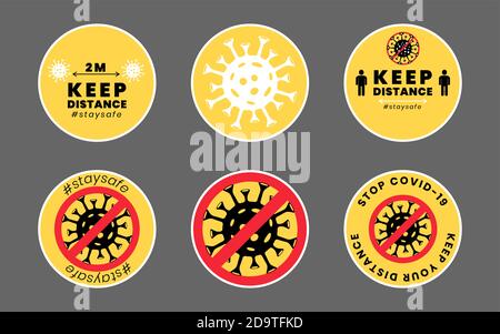 Icônes Covid-19. Jeu d'autocollants jaunes de distance sociale. Ronds conserver vos étiquettes de distance. Badges d'instruction de distanciation sociale pendant le coronavirus Illustration de Vecteur