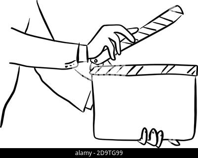 gros plan homme d'affaires tenant le film clapper board vector illustration esquisse doodle tracé à la main avec des lignes noires isolées sur fond blanc Illustration de Vecteur