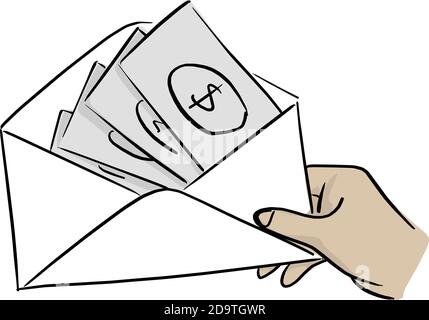 main d'homme d'affaires tenant de l'argent dans l'illustration de vecteur d'enveloppe avec lignes noires isolées sur fond blanc Illustration de Vecteur