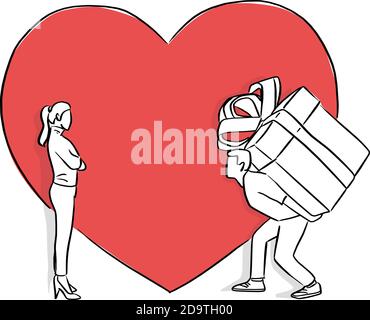 homme portant un grand cadeau pour son amant en arrière-plan de l'illustration vectorielle rouge en forme de coeur, esquisse doodle dessinée à la main avec des lignes noires isolées sur whi Illustration de Vecteur