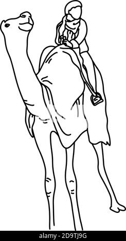 Bédouin ou touriste sur un scénario Camel dessin dessin Doodle tracé à la main avec des lignes noires isolées sur fond blanc Illustration de Vecteur