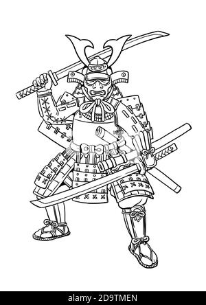 Samouraï avec une épée japonaise katana pour colorier. Modèle de coloriage pour les enfants. Banque D'Images