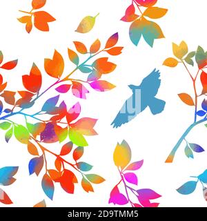 Brindilles multicolores. Un arrière-plan sans couture avec des oiseaux volants. Médias mixtes. Illustration vectorielle Illustration de Vecteur