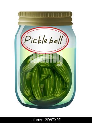 Le pickle ball est un sport en pleine croissance avec un nom amusant. Voici une illustration amusante d'une boule de cornichons dans un pot à la maison. Banque D'Images