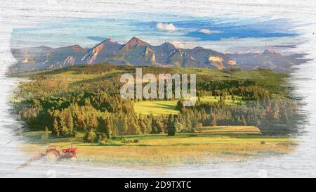 Peinture aquarelle des montagnes Tatra en été, Pologne, Europe Banque D'Images