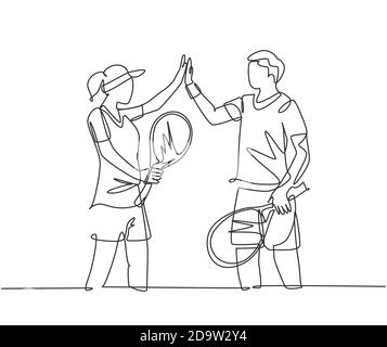 Dessin d'une ligne de jeune couple amusant homme et femme jouant au tennis sur gazon ensemble et donnant cinq haut mouvement. Concept de relation Illustration de Vecteur