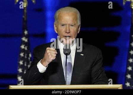 Wilmington, États-Unis. 07th nov. 2020. Le président élu Joe Biden s'exprime le samedi 7 novembre 2020 au Chase Centre de Wilmington, Delaware. Biden a battu le président Donald Trump pour devenir 46e président des États-Unis. Photo de piscine par Andrew Harnik/UPI crédit: UPI/Alay Live News Banque D'Images
