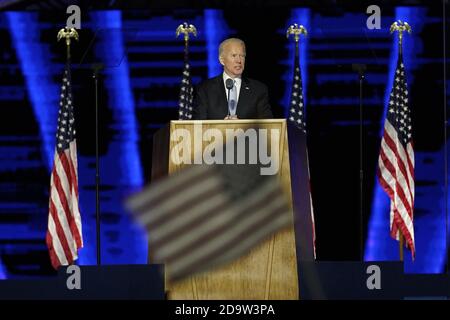 Wilmington, États-Unis. 07th nov. 2020. Le président élu Joe Biden s'exprime le samedi 7 novembre 2020 au Chase Centre de Wilmington, Delaware. Biden a battu le président Donald Trump pour devenir 46e président des États-Unis. Photo de piscine par Andrew Harnik/UPI crédit: UPI/Alay Live News Banque D'Images