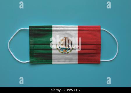 A face mask with a Mexican Flag on a clear background. Concept: Mexico during a pandemic, covid-19, coronavirus. Stock Photo