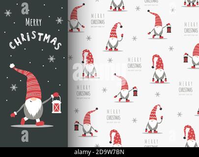 Carte de Noël avec gnome en chapeau rouge. Jolis elfes scandinaves sur un motif sans coutures. Illustration de Vecteur