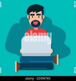 l'homme assis sur le sol avec l'ordinateur portable pour illustration vectorielle de concept « travail à domicile » Illustration de Vecteur