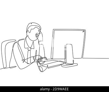 Dessin d'une ligne continue unique d'un jeune homme fatigué tenant les lunettes pendant son travail au bureau. Concept de fatigue de travail après surcharge de travail Illustration de Vecteur