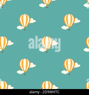 des bulles d'air chaud volant dans le ciel bleu avec des nuages. Illustration vectorielle plate. Arrière-plan de style rétro. Motif sans couture. Illustration de Vecteur